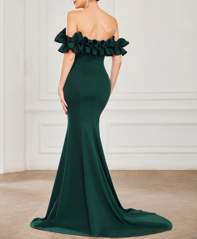 Dark Green Womens Off Shoulder Ruffle Sleeve Bodycon Formal Prom Dress